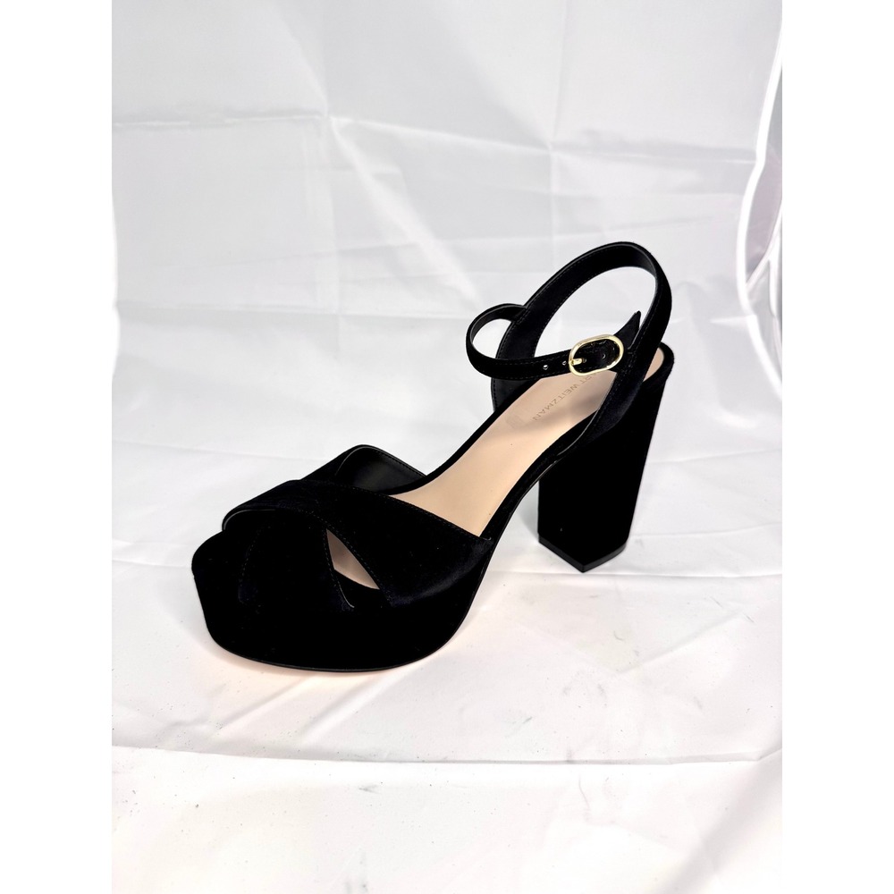 Stuart Weitzman Ivona Black Suede Platform Sandals Block Heel 10B SB286